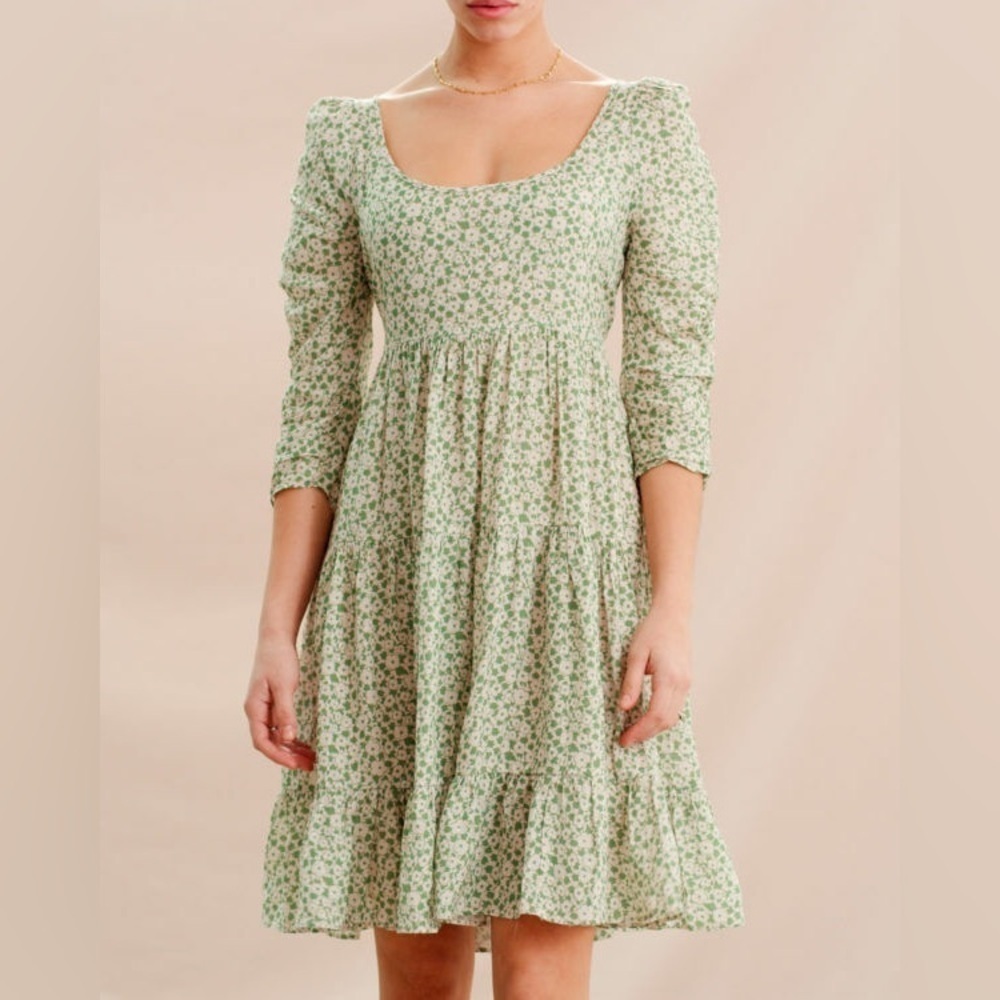 BY TIMO Green Garden Floral Print Jacquard Woven Viscose Tiered Dress XS